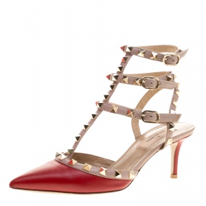 Valentino Red and Beige Leather Rockstud Sandals Size 36