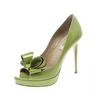 Pre Owned Valentino Lime Green Patent Leather Couture Bow Peep Toe Platform Pumps Size 38