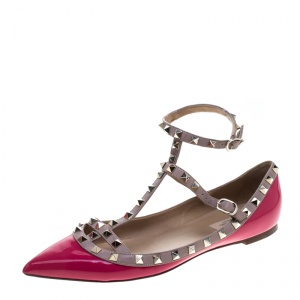 Pre Owned Valentino Pink Patent Leather Rockstud Pointed Toe Ballet Flats Size 41