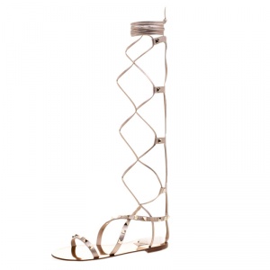 Pre Owned Valentino Metallic Bronze Leather Knee High Rockstud Gladiator Sandals Size 36