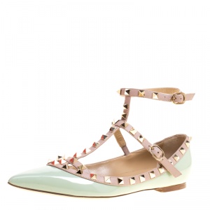 Pre Owned Valentino Green Patent Leather Rockstud Ballet Flats Size 37