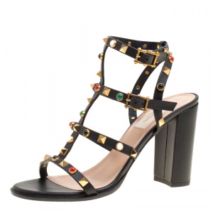 Pre Owned Valentino Black Leather Rolling Rockstud Cabochon Gladiator Sandals Size 38