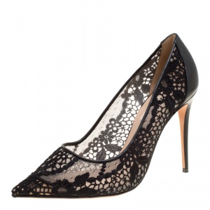 Pre Owned Valentino Black Lace Fusion Pointed Toe Pumps Size 38