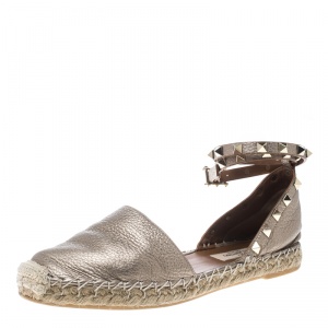 Pre Owned Valentino Metallic Beige Leather Rockstud Espadrilles Size 37
