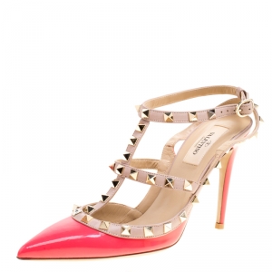 Pre Owned Valentino Coral Pink and Beige Leather Rockstud Sandals Size 38