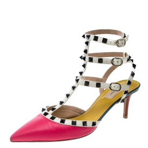 Pre Owned Valentino Multicolor Leather Rockstud Ankle Strap Sandals Size 40