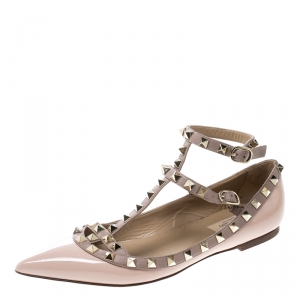 Pre Owned Valentino Blush Pink Patent Leather Rockstud Cage Flats Size 38
