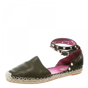 Pre Owned Valentino Olive Green Leather Rockstud Ankle Strap Flat Espadrille Sandals Size 39