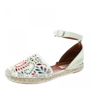 Pre Owned Valentino Cream Embroidered Leather A Jour Ankle Strap Espadrilles Size 37