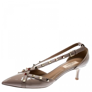 Pre Owned Valentino Beige Patent Leather Cross Strap Pointed Toe Cut Out Pumps Size 39.5