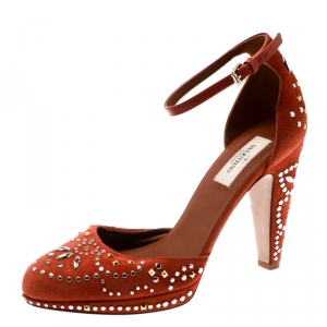 Pre Owned Valentino Orange Leather And Embellished Suede Teodora Ankle Strap Platform Pumps Size 38
