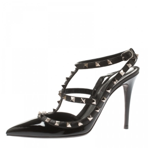 Pre Owned Valentino Black Patent Leather Rockstud Pointed Toe Sandals Size 39