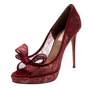 Pre Owned Valentino Red Floral Couture Bow Lace Peep Toe Platform Pumps Size 40
