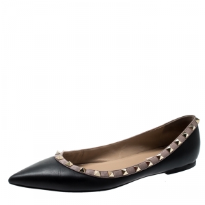Pre Owned Valentino Black Leather Rockstud Ballet Flats Size 40