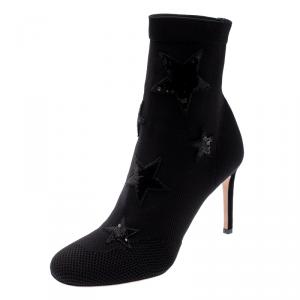 Pre Owned Valentino Black Stretch Knit Star Sequin Embellished Bodytech Ankle Boots Size 39