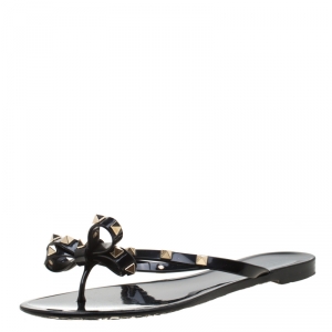 Pre Owned Valentino Black Jelly Rockstud Bow Flat Sandals Size 38