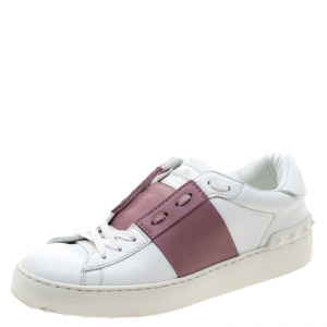 Pre Owned Valentino White And Pink Band Leather Open Low Top Sneakers Size 37.5
