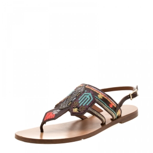 Pre Owned Valentino Brown Embroidered Leather Flat Sandals Size 37