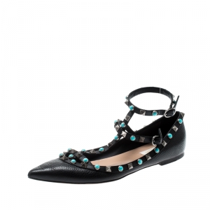 Pre Owned Valentino Black Leather Rockstud Rolling Ankle Strap Ballet flats Size 38