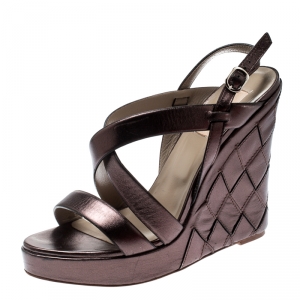 Pre Owned Valentino Metallic Grey Leather Cross Strap Wedge Sandals Size 39.5