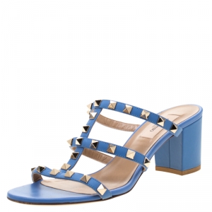 Pre Owned Valentino Blue Leather Rockstud Block Heel Cage Sandals Size 38