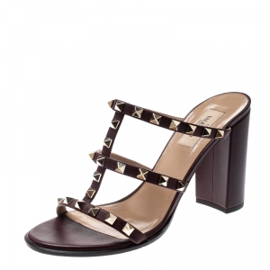 Pre Owned Valentino Purple Wine Leather Rockstud Block Heel Sandals Size 39.5