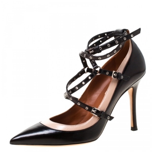 Pre Owned Valentino Black/Beige Leather Grommet Studded Pointed Toe Pumps Size 36.5