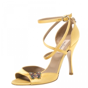 Pre Owned Valentino Yellow Satin Crystal Embellished Butterfly Ankle Strap Sandals Size 37.5