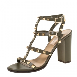 Pre Owned Valentino Olive Green Leather Rockstud Caged Sandals Size 37