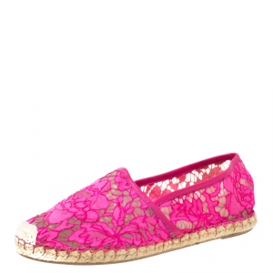 Pre Owned Valentino Pink Lace Espadrille Flats Size 40