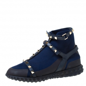 Pre Owned Valentino Blue/Black fabric and Leather Rockstud Body Tech Sock High Top Sneakers Size 37.5