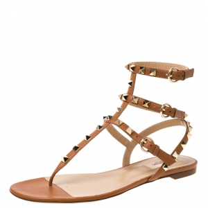 Pre Owned Valentino Brown Leather Rockstud Thong Gladiator Sandals Size 39
