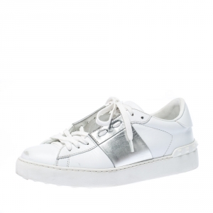 Pre Owned Valentino White And Silver Band Leather Open Low Top Sneakers Size 38.5