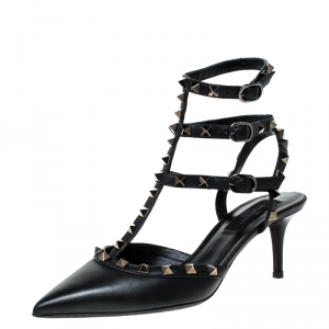 Pre Owned Valentino Black Leather Rockstud Sandals Size 37.5