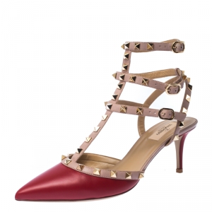Pre Owned Valentino Red/Beige Leather Studded Strappy Pointed Toe Sandals Size 41
