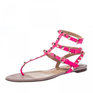 Pre Owned Valentino Pink Leather Rockstud Ankle Strap Flat Sandals Size 37.5