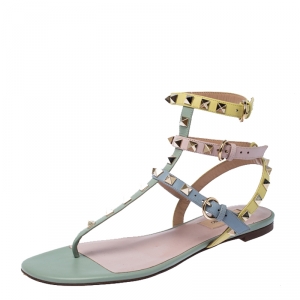 Pre Owned Valentino Multicolor Leather Rockstud Strappy Flat Sandals Size 38