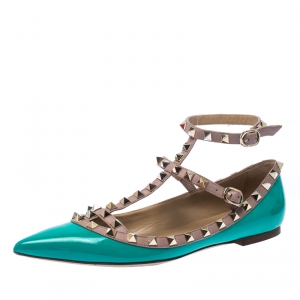 Pre Owned Valentino Pastel Green Leather Rockstud Ankle Strap Ballet flats Size 38