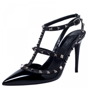 Pre Owned Valentino Black Patent Leather Rockstud Pointed Toe Ankle Strap Sandals Size 39