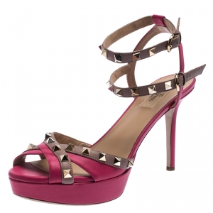 Pre Owned Valentino Pink Leather Rockstud Platform Ankle Strap Sandals Size 41