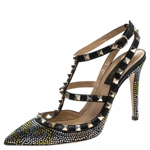 Pre Owned Valentino Black Leather Rockstud Crystal Embellished Ankle Strap Caged Pumps Size 38