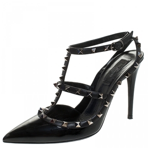 Pre Owned Valentino Black Patent Leather Rockstud Pointed Toe Ankle Strap Sandals Size 41.5