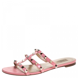Pre Owned Valentino Pink Patent Leather Rockstud Caged Flat Slides Size 37.5