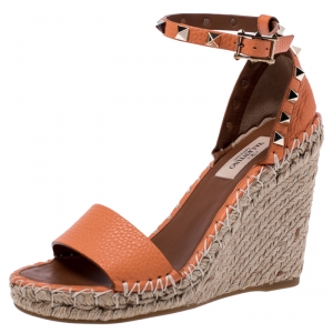 Pre Owned Valentino Orange Leather Rockstud Espadrille Wedge Sandals Size 35