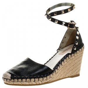 Pre Owned Valentino Black Leather Rockstud Espadrille Wedge Ankle Strap Sandals Size 38