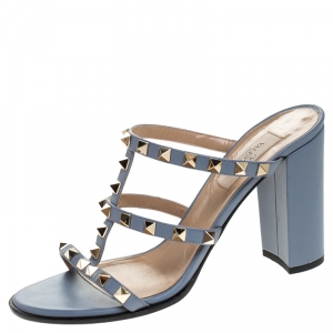 Pre Owned Valentino Grey Leather Rockstud Strappy Sandals Size 38