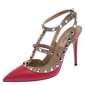 Pre Owned Valentino Red Leather Rockstud Cage Sandals Size 39