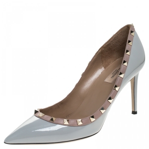 Pre Owned Valentino Grey Patent Leather Rockstud Pointed Toe Pumps Size 42