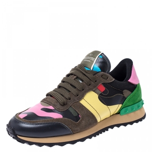 Pre Owned Valentino Multicolor Camouflage Canvas and Leather Rockrunner Sneakers Size 37