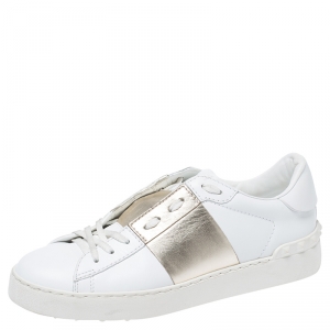Pre Owned Valentino White/Gold Leather Flycrew Lace Up Sneakers Size 38